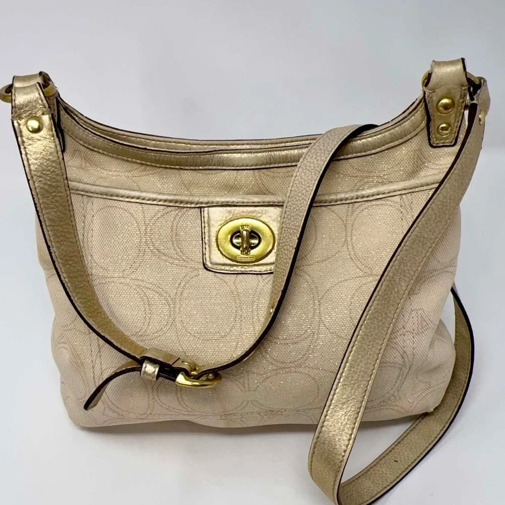 Coach F19260 Signature‎ Lurex Turnlock Crossbody Shoulder Bag Champagne Gold